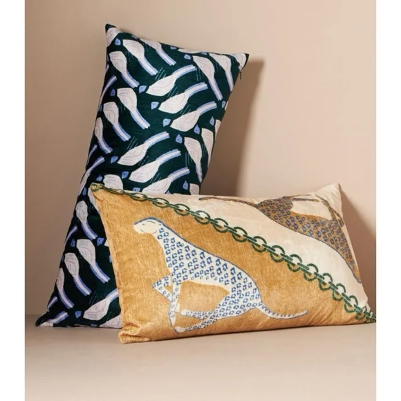 NWOT Anthropologie Velvet Flutter & Strut Bird Pillow In Dark Turquoise12x27